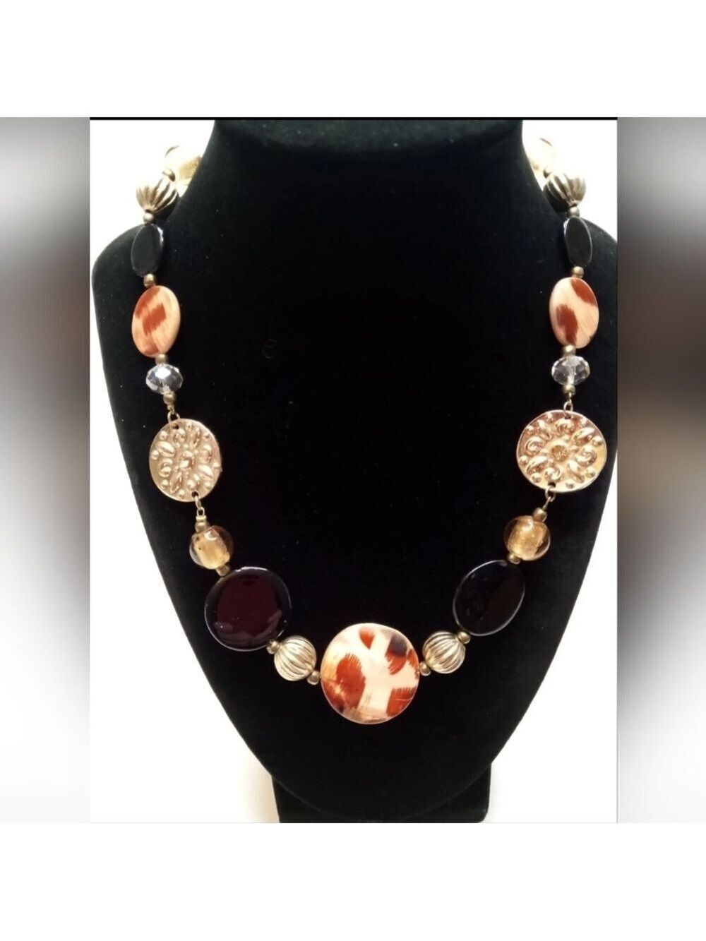 Leopard Print Black and Gold Tone Flat Circles Beaded Necklace